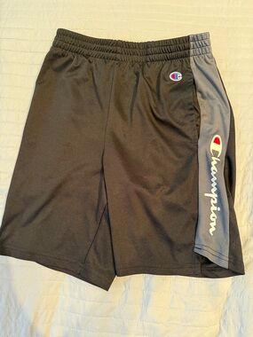 Champion Black Athletic Shorts with Gray Side Panel and Script Logo